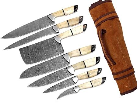 Weekly Top Sale G26- Professional Kitchen Knives Custom Made Damascus Steel 7 pcs of Professional Utility Chef Kitchen Knife Set with Chopper / Cleaver White & Black GladiatorsGuild
