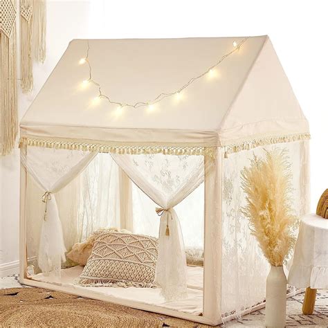 HAN-MM Kids Play Tent Large Playhouse with Mat/Star Light/Star Garland/Tassel Macrame Boho Style Indoor&Outdoor Play Tent for Kids, Neutral Color, 52x35x52