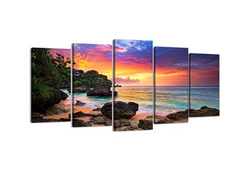 PIY Canvas Wall Art for Living Room, Beautiful Beach Sunset Pictures Canvas Prints (Multi, 5 Panels, Large, 32x60 Overall)
